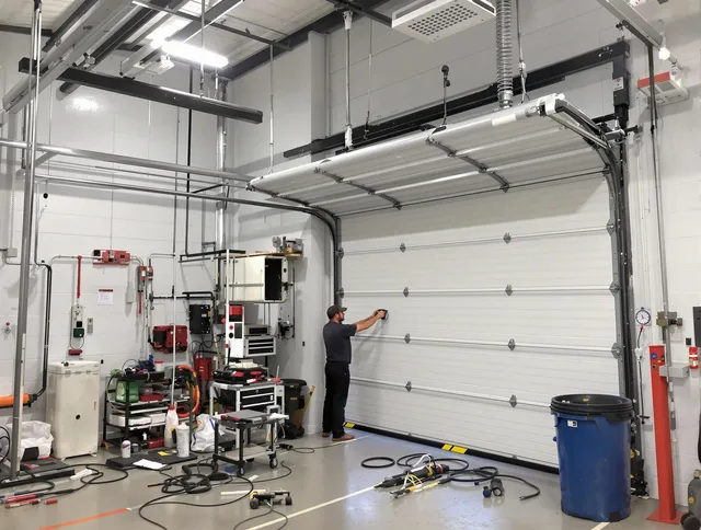 Wareham Garage Door Repair certified technician performing commercial door repair at a Wareham business facility
