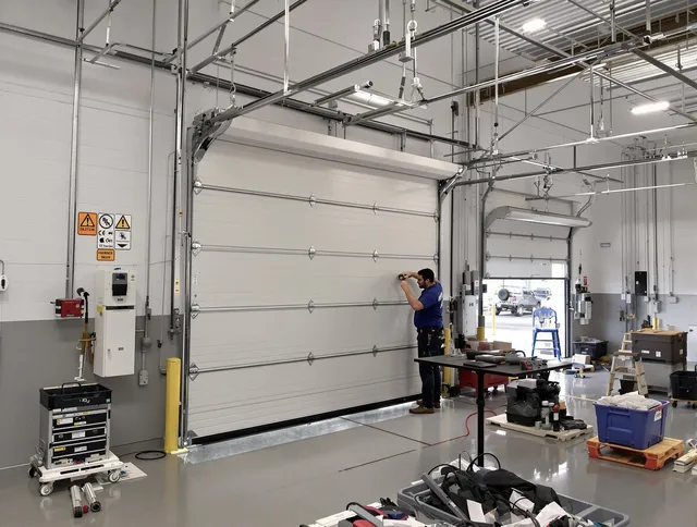 Commercial garage door repair being performed by Wareham Garage Door Repair expert in Wareham