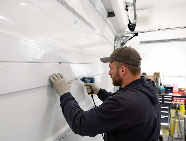 Wareham Garage Door Repair technician demonstrating precision dent removal techniques on a Wareham garage door