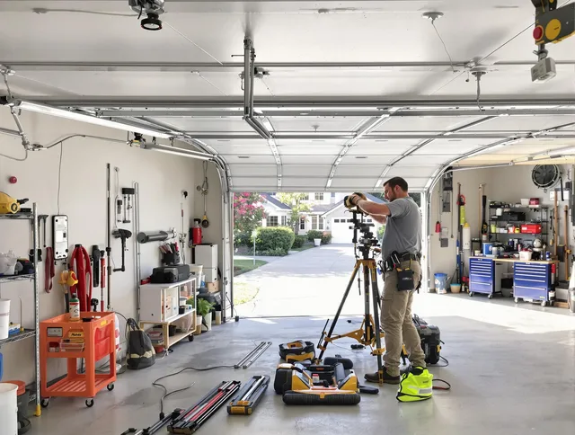 Wareham Garage Door Repair specialist performing laser-guided track alignment in Wareham